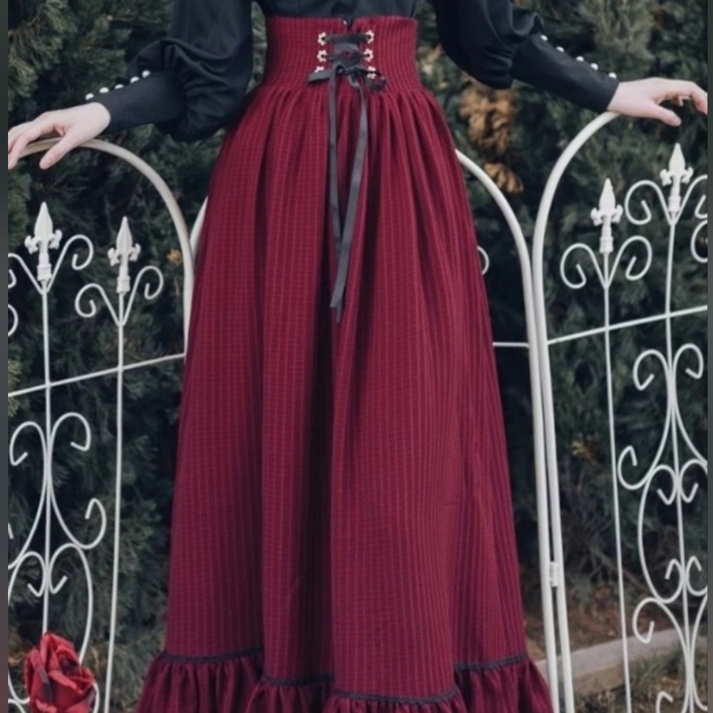 Long ruffle high waist skirt red maroon
